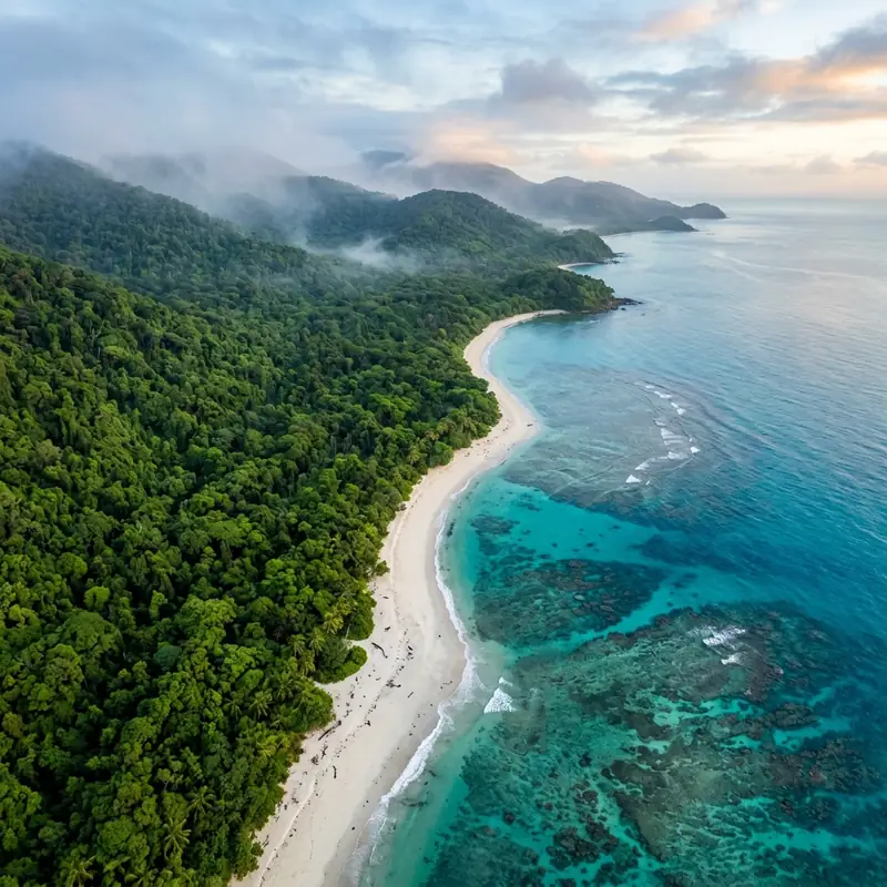 Daintree Rainforest coastline from aerial view