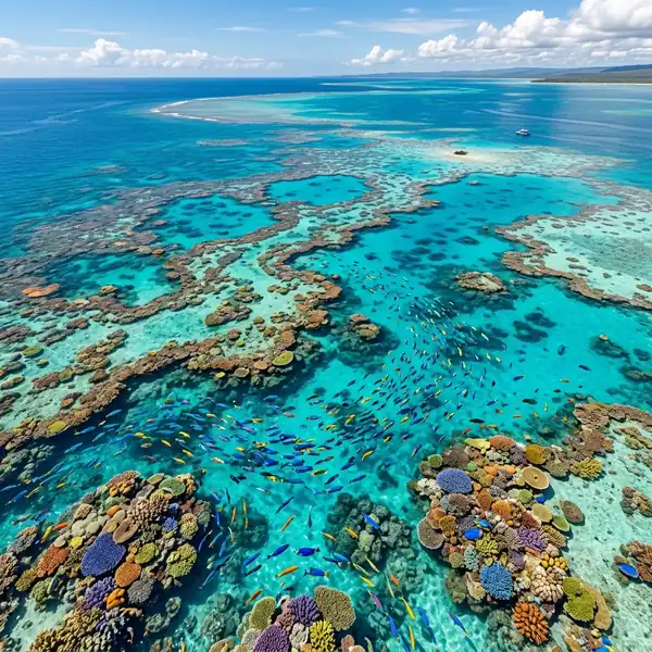 Great Barrier Reef from above with colorful coral and fish