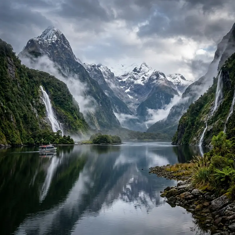 Milford Sound fiord with mountains reflected in water