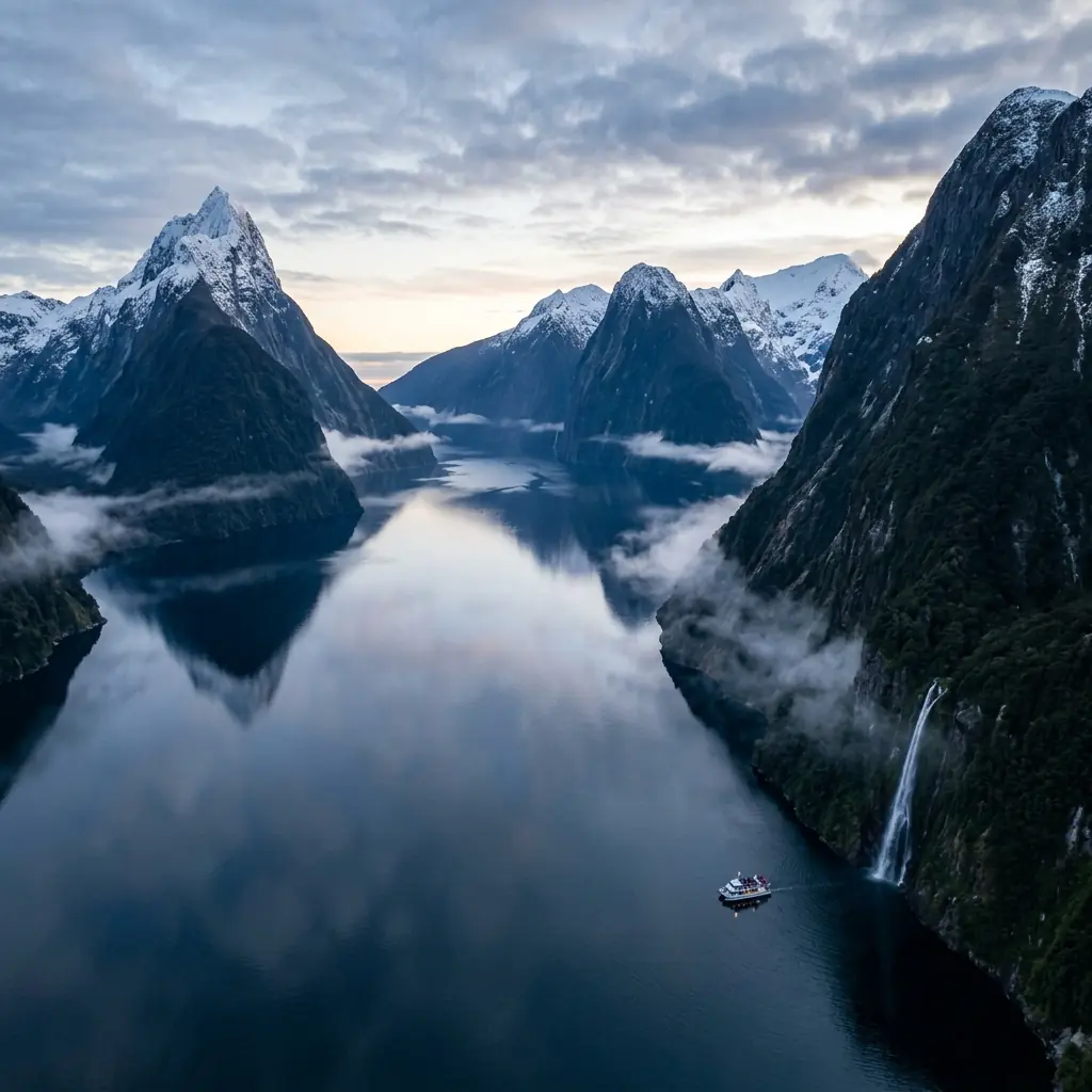 New Zealand Milford Sound fiord at dawn