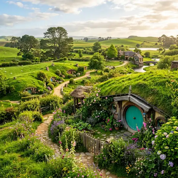 Hobbiton Movie Set with colourful round doors and gardens