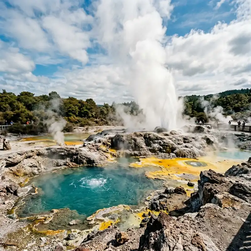 Rotorua geothermal park with erupting geyser