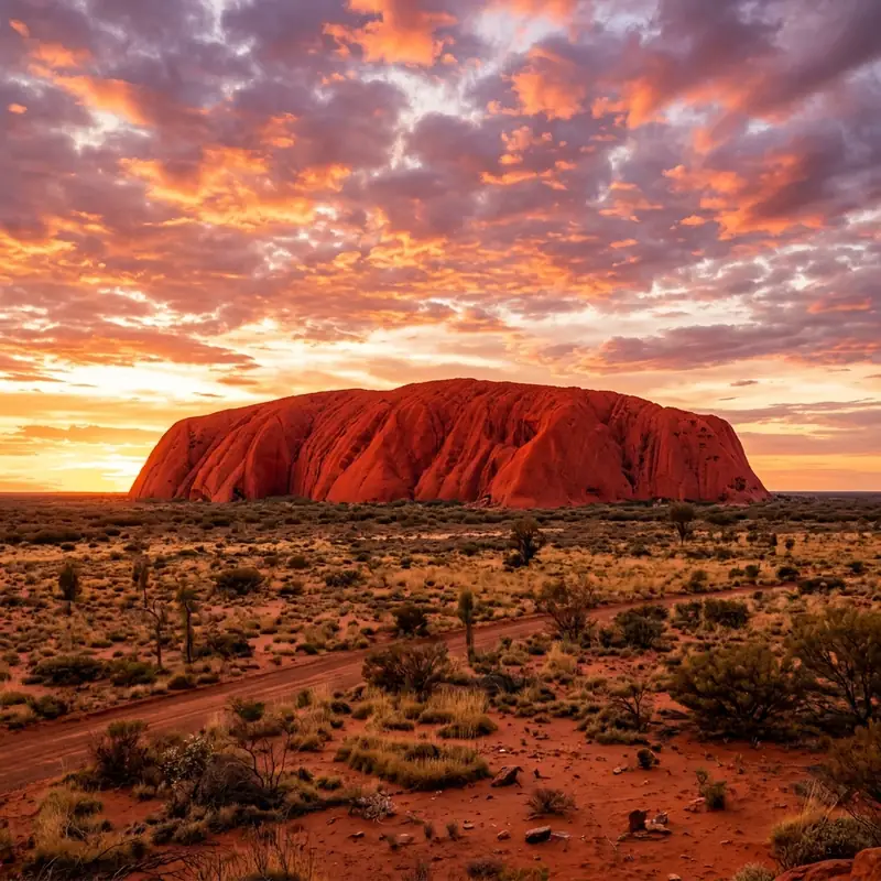 Uluru glowing red-orange at sunset
